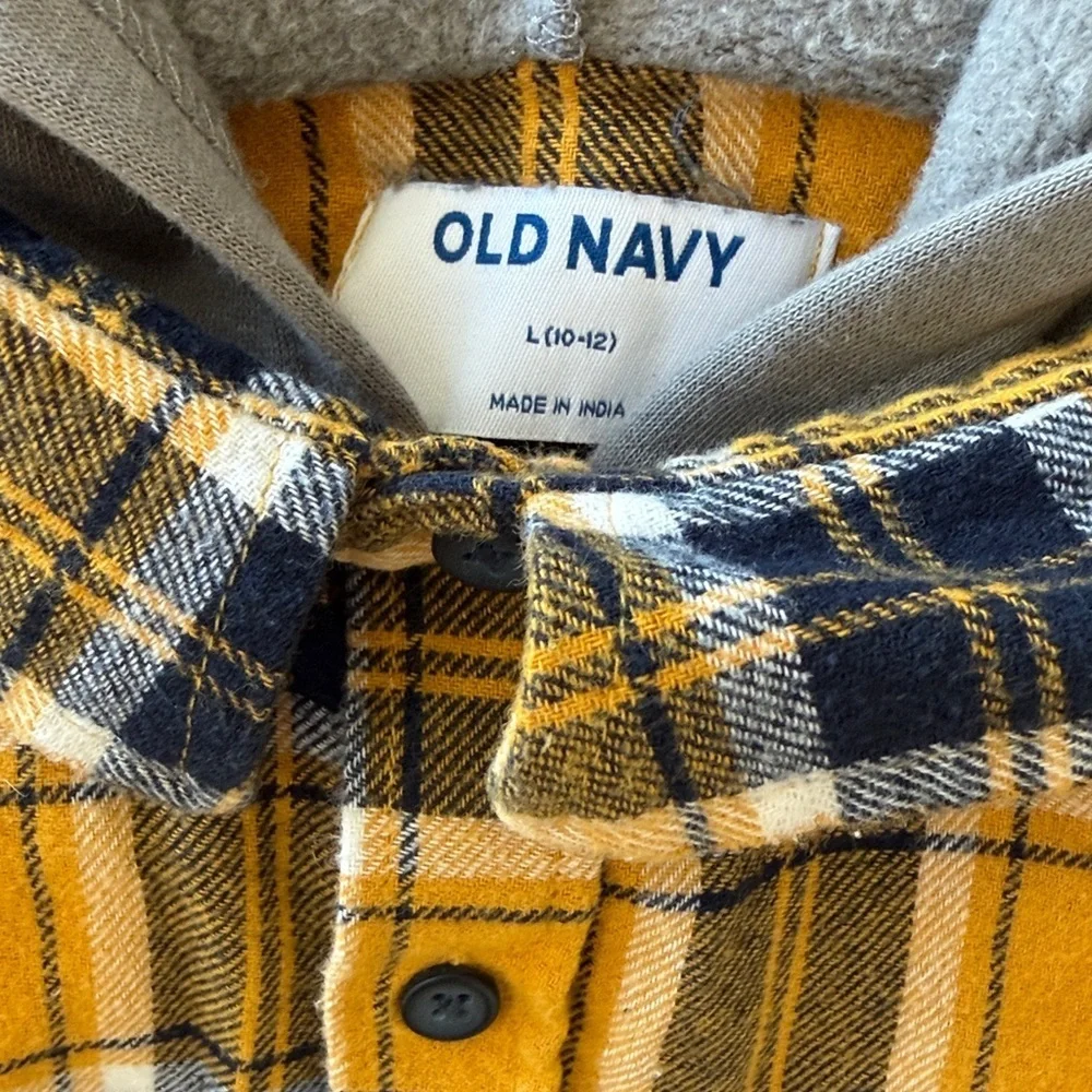 Old Navy Boys Hooded Flannel Shirt Size 10 Yellow Plaid